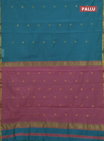 Teal Blue & Mauve Pink Semi Maheshwari Cotton - Buttas