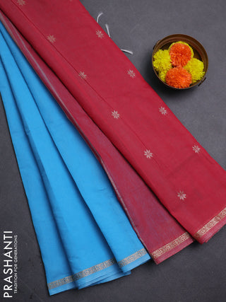 Sky Blue & Red Semi Maheshwari Cotton - Buttas