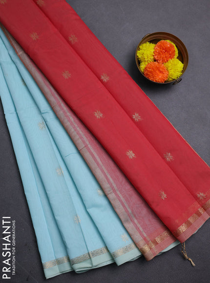 Sky Blue & Maroon Semi Maheshwari Cotton - Buttas
