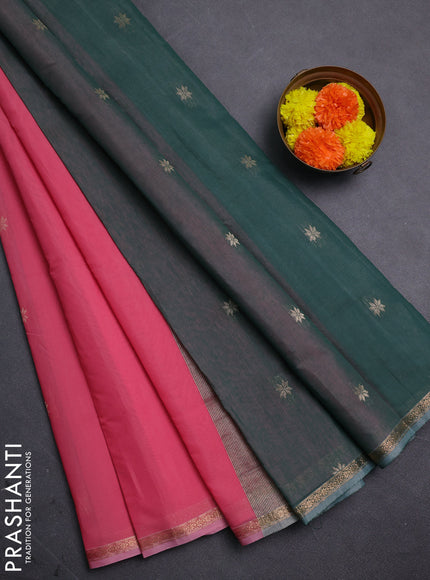 Peach Pink & Bottle Green Semi Maheshwari Cotton - Buttas