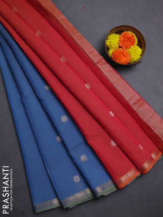 Blue & Peach Pink Semi Maheshwari Cotton - Buttas