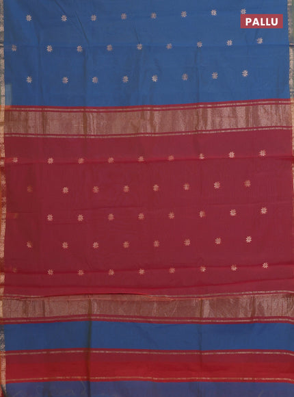 Blue & Peach Pink Semi Maheshwari Cotton - Buttas