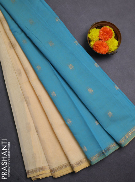 Cream & Teal Blue Semi Maheshwari Cotton - Buttas