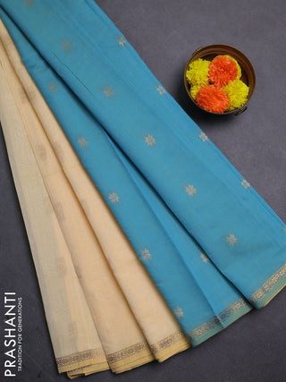 Cream & Teal Blue Semi Maheshwari Cotton - Buttas