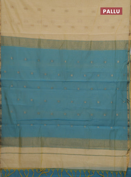 Cream & Teal Blue Semi Maheshwari Cotton - Buttas
