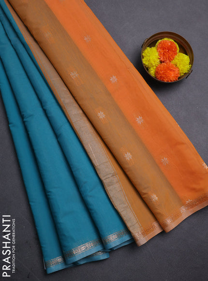 Teal Blue & Pale Orange Semi Maheshwari Cotton - Buttas