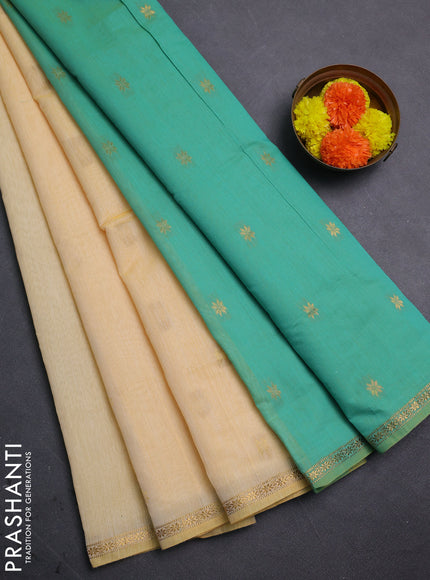 Pale Yellow & Teal Green Semi Maheshwari Cotton - Buttas