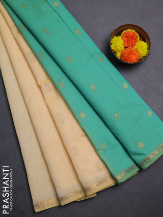 Pale Yellow & Teal Green Semi Maheshwari Cotton - Buttas