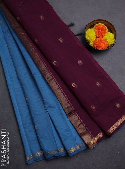 Blue & Wine Semi Maheshwari Cotton - Buttas