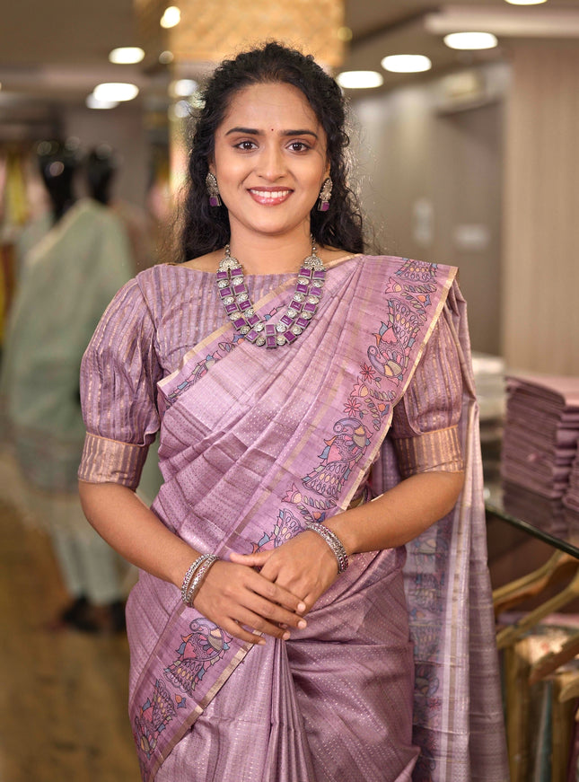 Semi tussar saree lavender shade with allover zari weaves and madhubani printed border