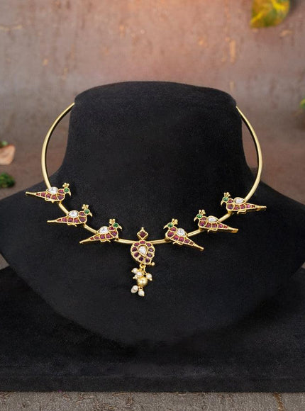 Antique ring type choker parrot design with kemp and cz stone golden beads hangings