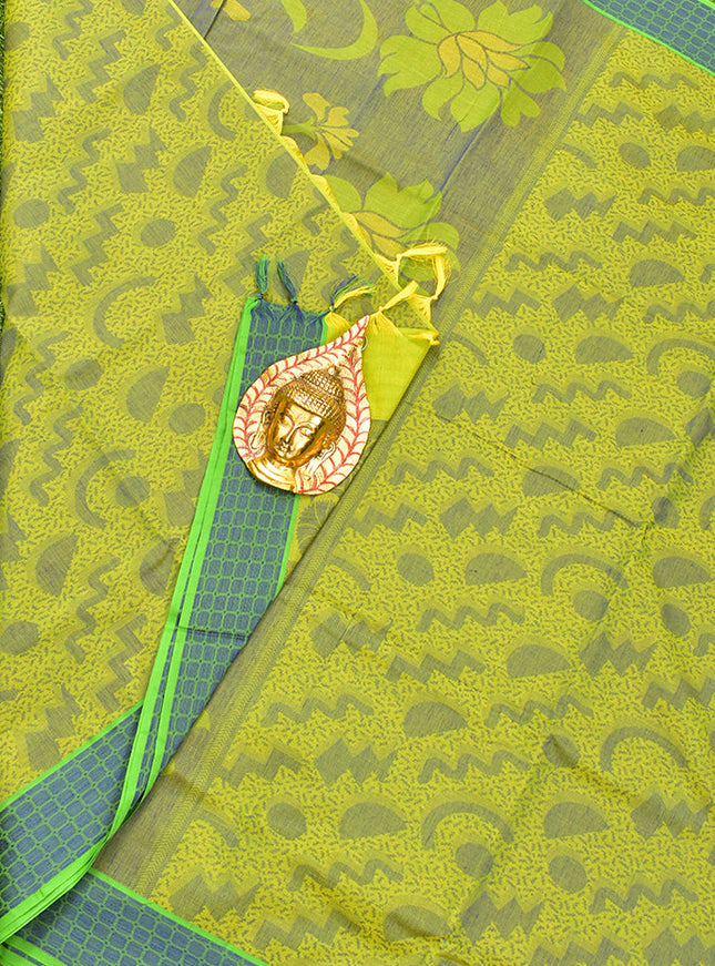 Coimbatore Cotton Lime Green and Blue Shade Allself Saree with Thread Woven Border