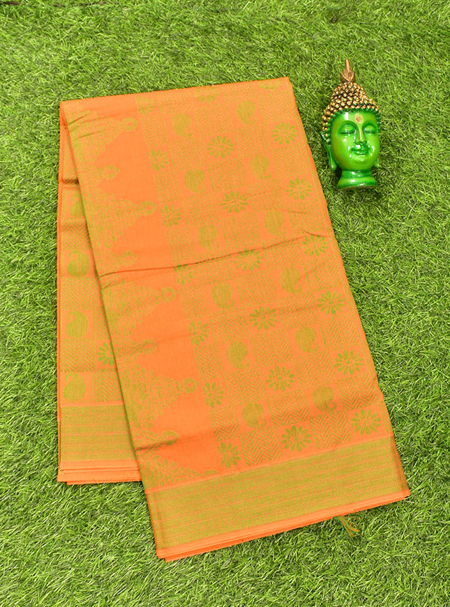 Coimbatore Cotton Orange and Green Shade Allself Saree with Thread Woven Border