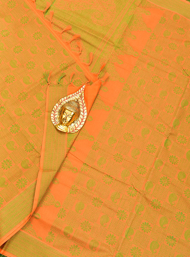 Coimbatore Cotton Orange and Green Shade Allself Saree with Thread Woven Border