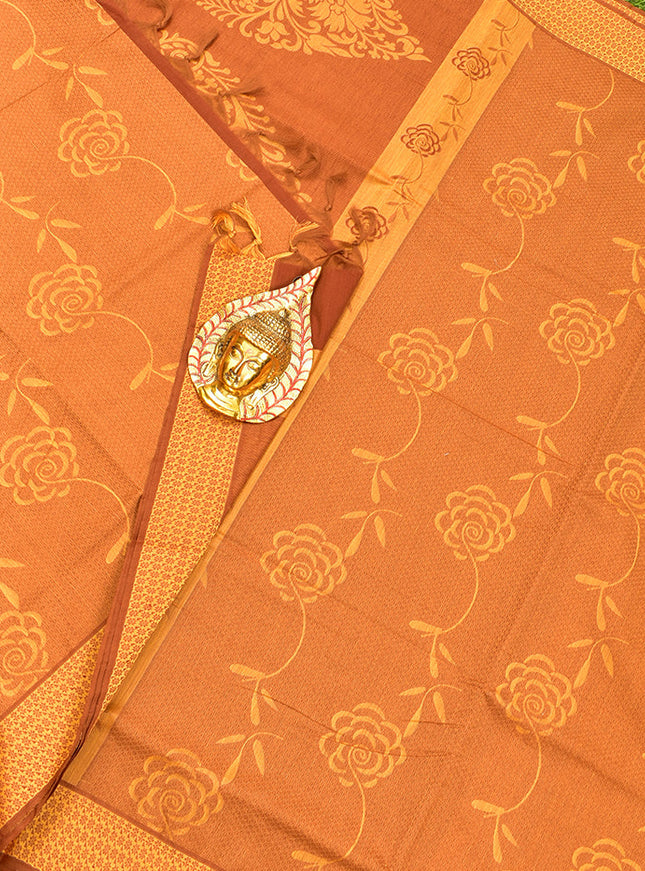 Coimbatore Cotton Brown and Sandal and Green Shade Allself Saree with Thread Woven Border