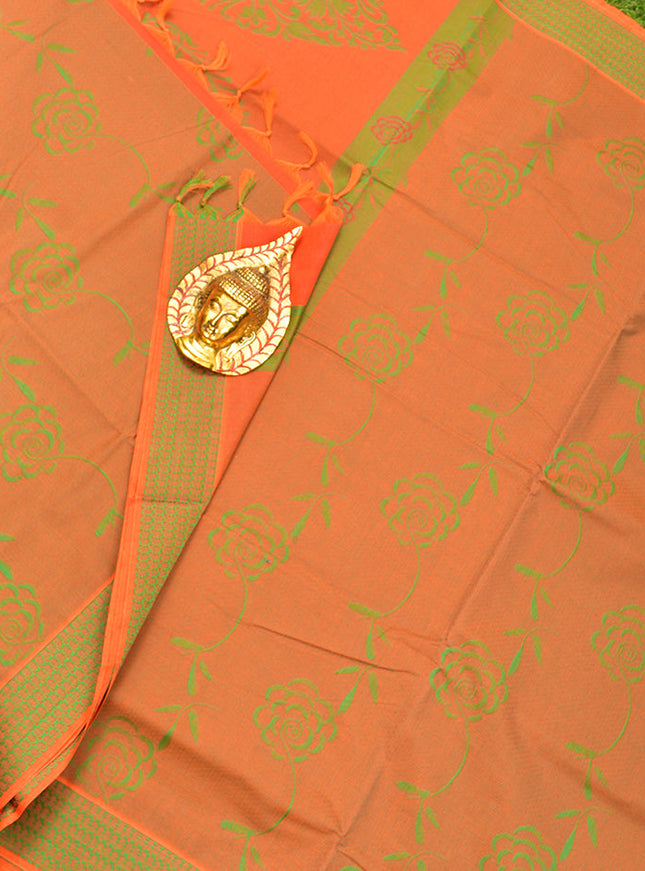 Coimbatore Cotton Orange and Green Shade Allself Saree with Thread Woven Border