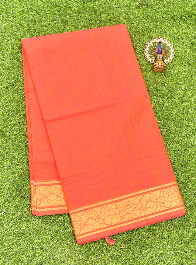 Coimbatore Cotton Red Emboss Saree with Thread Woven Border