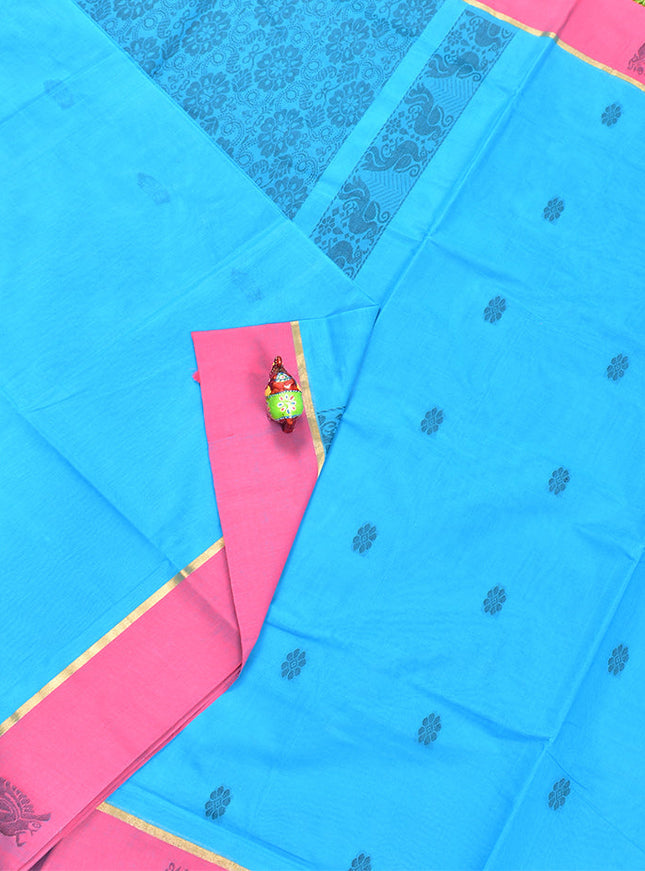 Coimbatore Cotton Blue Butta Saree with Plain Border