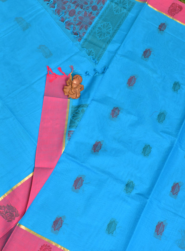 Coimbatore Cotton Blue Butta Saree with Plain Border
