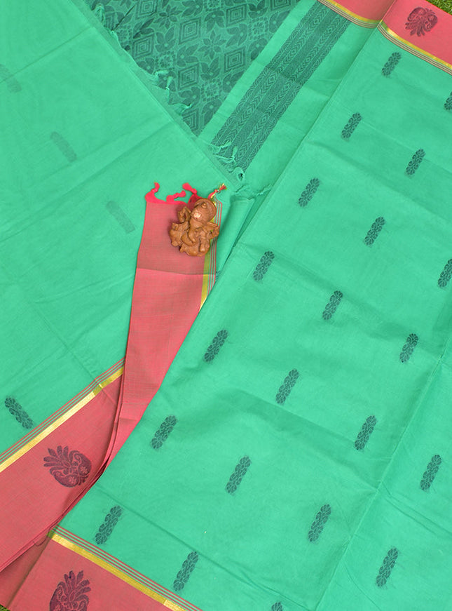 Coimbatore Cotton Rama Green Butta Saree with Plain Border