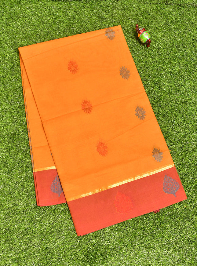Coimbatore Cotton Orange Butta Saree with Plain Border