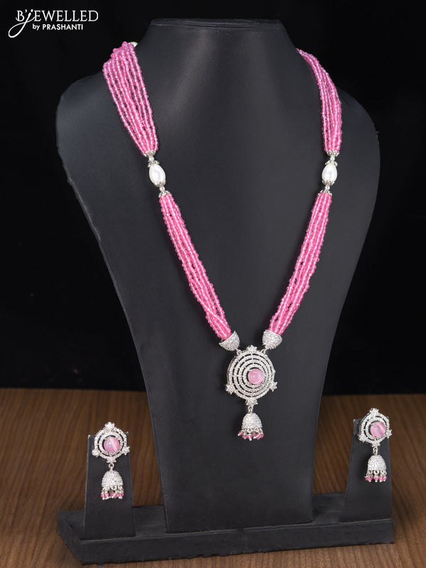 Jaipur crystal beaded multilayer baby pink haaram with cz stones pendant