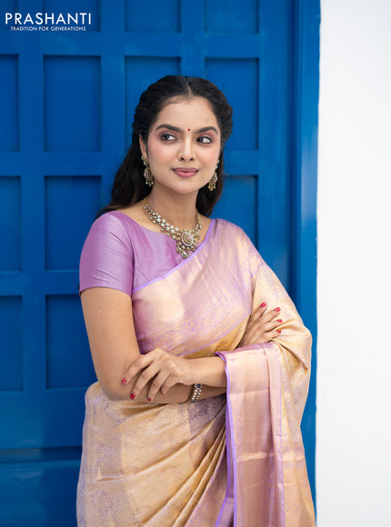 Pure kanchipuram tissue silk saree dual shade of gold and lavender shade with allover silver zari woven brocade weaves and zari woven border