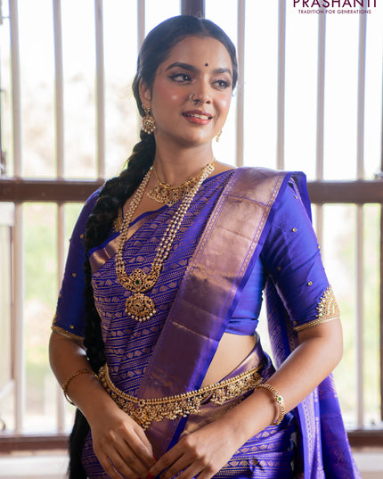 Pure kanchipuram silk saree royal blue with allover zari woven brocade weaves and zari woven border