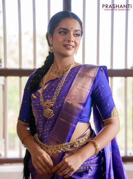 Pure kanchipuram silk saree royal blue with allover zari woven brocade weaves and zari woven border