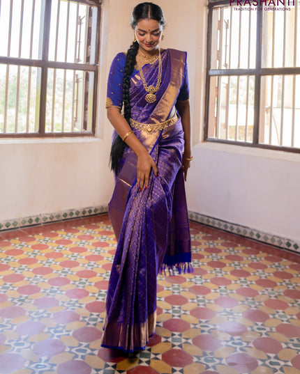 Pure kanchipuram silk saree royal blue with allover zari woven brocade weaves and zari woven border