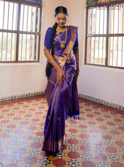 Pure kanchipuram silk saree royal blue with allover zari woven brocade weaves and zari woven border