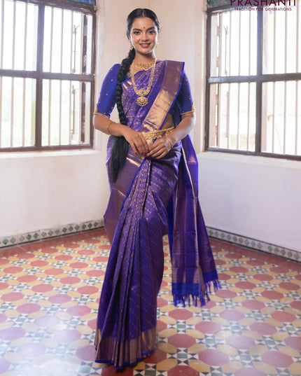 Pure kanchipuram silk saree royal blue with allover zari woven brocade weaves and zari woven border