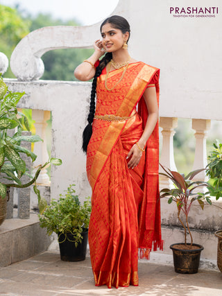 Pure kanchipuram silk saree red with allover zari woven brocade weaves and annam zari woven border