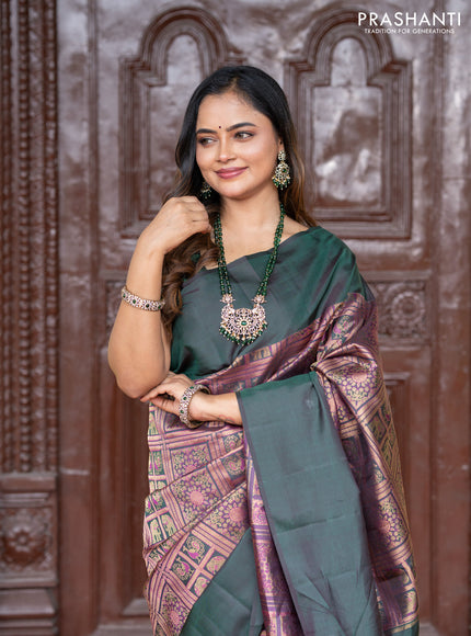 Pure kanchipuram silk saree bottle green with allover zari woven brocade weaves and simple border