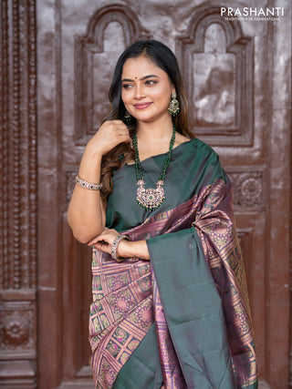 Pure kanchipuram silk saree bottle green with allover zari woven brocade weaves and simple border