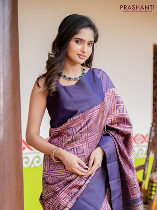 Pure kanchipuram silk saree navy blue with allover zari woven brocade weaves and simple border