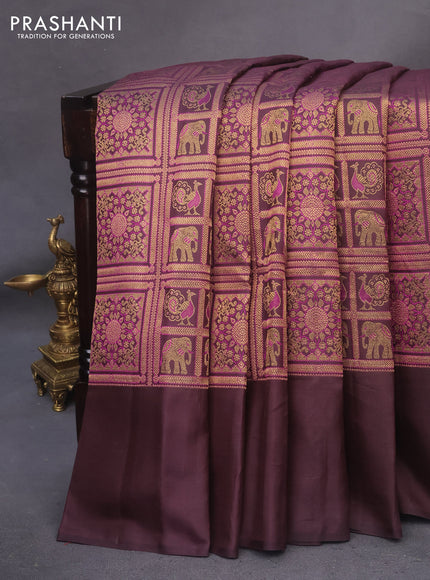 Pure kanchipuram silk saree deep coffee brown and purple shade with allover zari woven brocade weaves and simple border