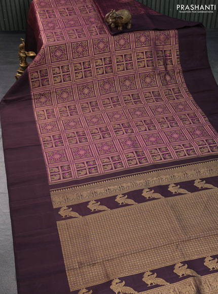 Pure kanchipuram silk saree deep coffee brown and purple shade with allover zari woven brocade weaves and simple border