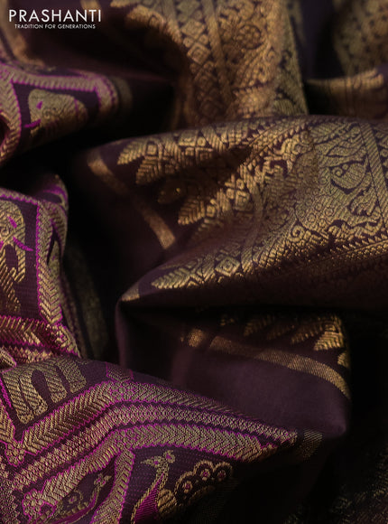 Pure kanchipuram silk saree deep coffee brown and purple shade with allover zari woven brocade weaves and simple border
