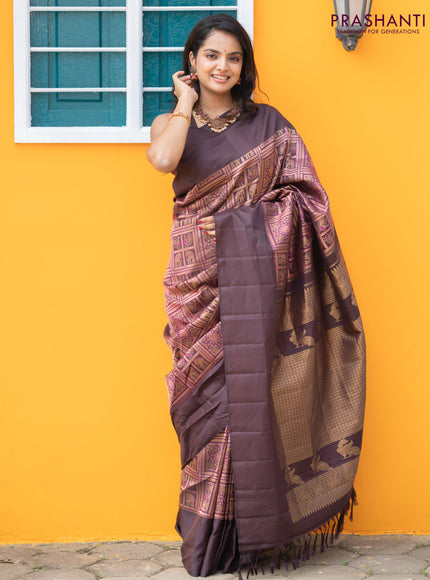 Pure kanchipuram silk saree deep coffee brown and purple shade with allover zari woven brocade weaves and simple border