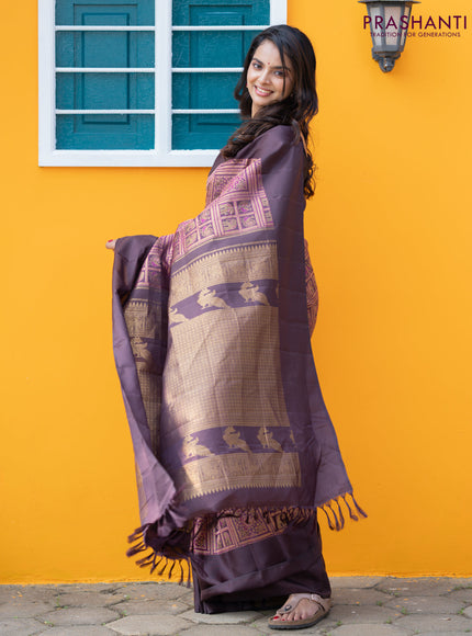 Pure kanchipuram silk saree deep coffee brown and purple shade with allover zari woven brocade weaves and simple border