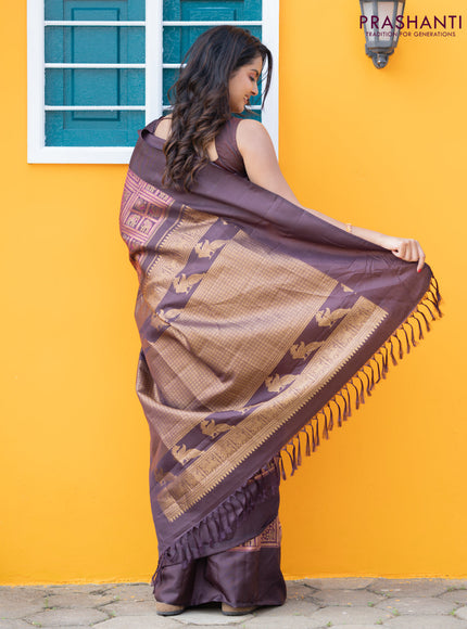Pure kanchipuram silk saree deep coffee brown and purple shade with allover zari woven brocade weaves and simple border