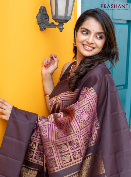 Pure kanchipuram silk saree deep coffee brown and purple shade with allover zari woven brocade weaves and simple border