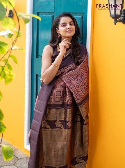 Pure kanchipuram silk saree deep coffee brown and purple shade with allover zari woven brocade weaves and simple border