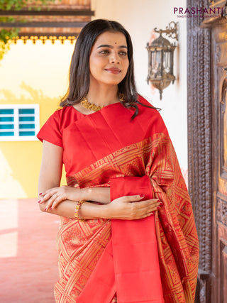 Pure kanchipuram silk saree red with allover zari woven brocade weaves and simple border