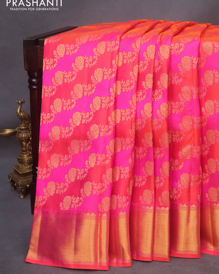 Pure kanchipuram silk saree pink and orange with allover zari woven stripes pattern and zari woven border