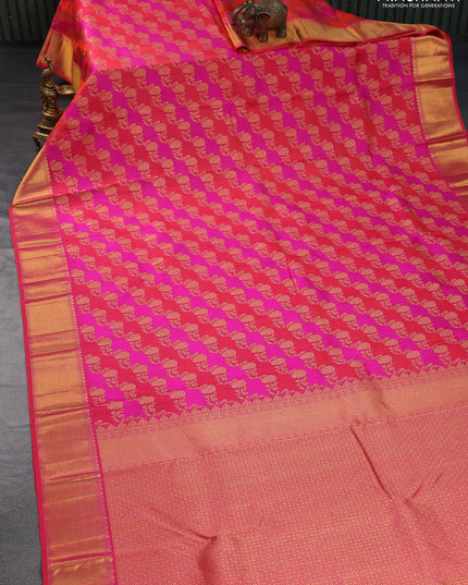Pure kanchipuram silk saree pink and orange with allover zari woven stripes pattern and zari woven border