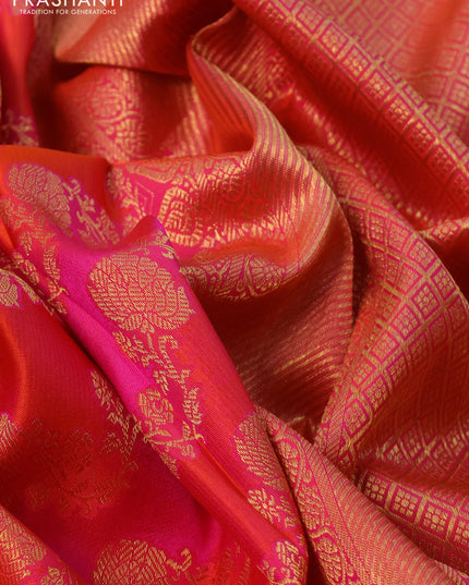 Pure kanchipuram silk saree pink and orange with allover zari woven stripes pattern and zari woven border