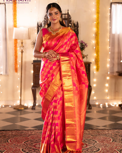 Pure kanchipuram silk saree pink and orange with allover zari woven stripes pattern and zari woven border