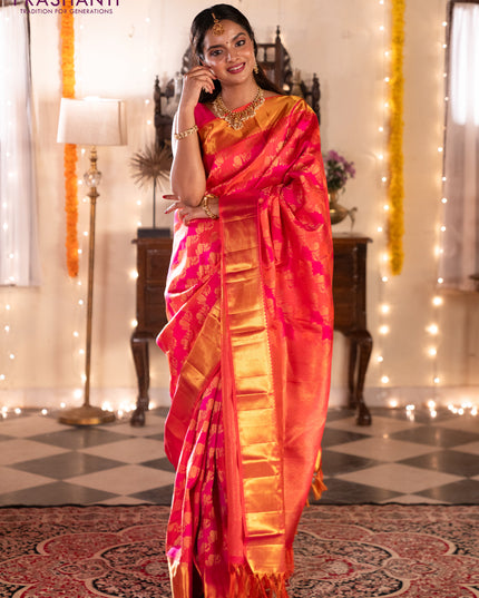 Pure kanchipuram silk saree pink and orange with allover zari woven stripes pattern and zari woven border